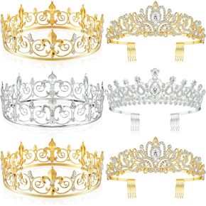 6 Pieces Prom King Crown Metal Baroque King and Queen Prince Princess Crystal Headband Tiara Crown Wedding Bridal Accessories for Women Men