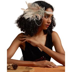 1920s Flapper Feather Headband Vintage Pearls Feather Lace Headpiece for Roaring 20s Gatsby Party Masquerade