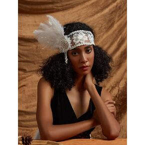 1920s Flapper Feather Headband Vintage Pearls Feather Lace Headpiece for Roaring 20s Gatsby Party Masquerade