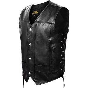 Motorcycle Leather Vest with Adjustable Side Lace for Men Club Style Riding Biker Vest with Concealed Gun Pocket