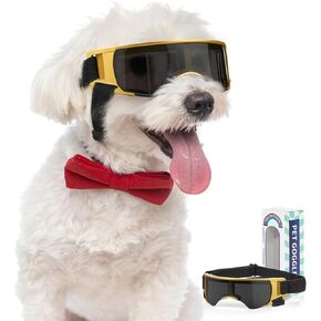 نظارات للكلاب الصغيرة، نظارات شمسية للحماية من الأشعة فوق البنفسجية مع حزام قابل للتعديل، نظارات شمسية مضادة للرياح والغبار ومضادة للضباب لحماية عين الكلاب للكلاب الصغيرة أثناء القيادة في الهواء الطلق، أسود وذهبي in Kuwait