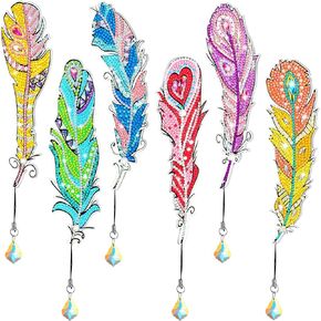Glenmal 6 Pcs 5d Diamond Art Bookmarks DIY Feather Bookmark Rhinestone DIY Bookmarks Kits Crystal Diamond Painting Bookmarks Acrylic Bookmarks for Adult Arts Supply Crafts Gifts School Class Kid