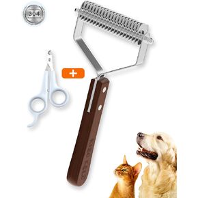 Extra Large 2-Sided Undercoat Rake for Dogs & Cats, Dog Brush for Shedding Remove Mats, Dematting Comb, Safe&Gentle Grooming Brush for German Shepherds Medium to Long-Haired Pets,Premium Wooden Handle
