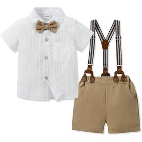 Toddler Baby Boy Outfits 1-6T Boys Dress Clothes Suit Cotton Linen Short Sleeve Shirts+Bowtie+Suspender Shorts Set