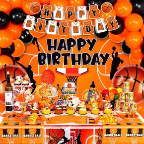 173 PCS Basketball Party Decorations, Basketball Birthday Decorations with Basketball Balloons, Basketball Backdrop, Tablecloth, Birthday Banners, Cake Toppers, Basketball Plates Napkins etc