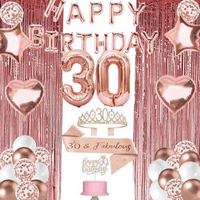 30th Birthday Decorations for Her, Rose Gold 30 Bday, Happy Birthday Balloon, Crown, Sash, Foil Curtain and Cake Topper Party Supplier Kit for Women Thirty Year old