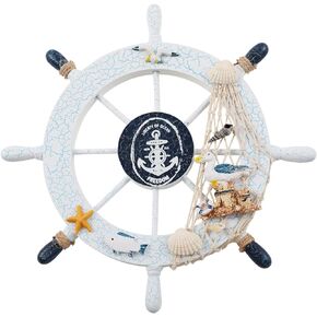 Boat Steering Wheel Decor - 11 Inch Wooden Rudder Wall Decoration Steering Wheel Beach Ornaments with Fishing Net Shell Seagull Patterns,Beach Theme Home Decor