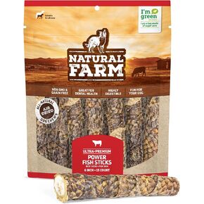 Natural Farm Power Beef Sticks Dog Chews (6", 15-Pack), 2-in-1 Power Chews: Premium Beef Cheek Wrapped in Beef Esophagus for Double Chewing Time, Promotes Dental Health, Great for Medium Dogs