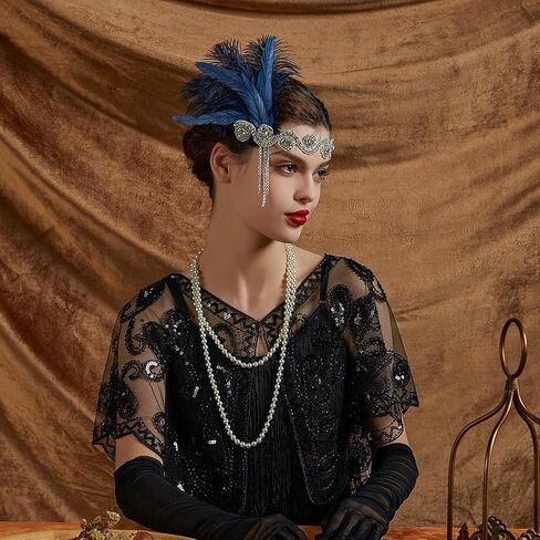1920s Flapper Feather Headband Vintage Pearls Feather Lace Headpiece for Roaring 20s Gatsby Party Masquerade in Saudi Arabia