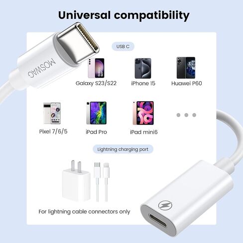 كابل موصل شاحن MOSWAG Lightning أنثى إلى USB C ذكر يدعم الشحن من النوع C لهواتف iPhone 15/15 Pro/15 Pro Max/15 Plus iPad Air Samsung وليس للصوت/OTG in Saudi Arabia
