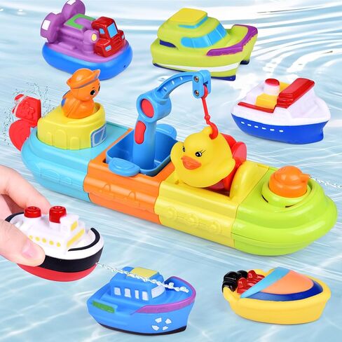 FUN LITTLE TOYS Baby Bath Toys, 7 PCs Toy Boats Include One Big Wind Up Bath Boat and 6 Bath Squirters Toy Boats, Birthday Gifts for Boys & Girls in Kuwait