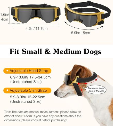نظارات للكلاب الصغيرة، نظارات شمسية للحماية من الأشعة فوق البنفسجية مع حزام قابل للتعديل، نظارات شمسية مضادة للرياح والغبار ومضادة للضباب لحماية عين الكلاب للكلاب الصغيرة أثناء القيادة في الهواء الطلق، أسود وذهبي in Kuwait