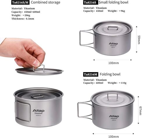 Titanium Bowl Pot with Foldable Handle, Single-Wall Titanium Cooking Tableware Bowl with Folding Handle for Outdoor Camping Hiking Picnic (450ML and 600ML with Lid) in Saudi Arabia