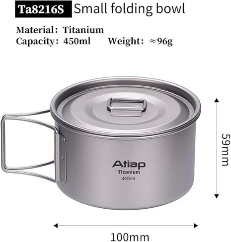 Titanium Bowl Pot with Foldable Handle, Single-Wall Titanium Cooking Tableware Bowl with Folding Handle for Outdoor Camping Hiking Picnic (450ML and 600ML with Lid) in Kuwait