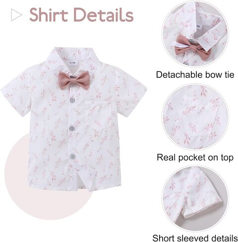 Toddler Boy Dress Outfits 1-6T Baby Boys Suit Summer Clothes Set | Toddler Boy Suits Floral Short Sleeve Shirt+Bowtie+Suspender Shorts Wedding Formal Outfit, Toddler Easter Outfit Boy in Saudi Arabia