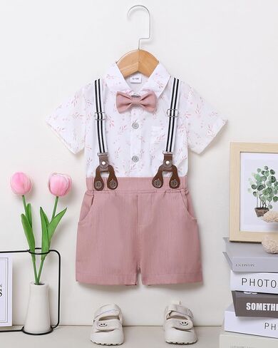 Toddler Boy Dress Outfits 1-6T Baby Boys Suit Summer Clothes Set | Toddler Boy Suits Floral Short Sleeve Shirt+Bowtie+Suspender Shorts Wedding Formal Outfit, Toddler Easter Outfit Boy in Saudi Arabia