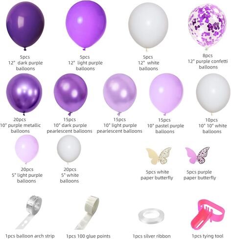 152 قطعة من البالونات الأرجوانية مجموعة قوس جارلاند باللون الأبيض الأرجواني، بالونات معدنية من اللاتكس مع فراشة ورقية لحفلات الزفاف والخطوبة وعيد الأم وفراشة أرجوانية ومستلزمات تزيين حفلات أعياد الميلاد in Kuwait