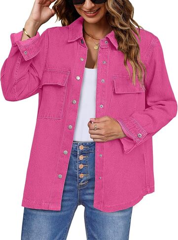 Vetinee Jean Jacket Women Trendy Button Down Denim Shacket Jackets Long Sleeve Casual Fashion Western Jacket with Pocket in Saudi Arabia