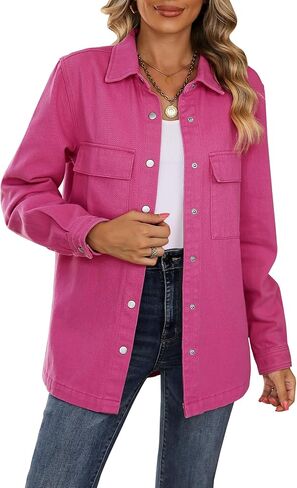 Vetinee Jean Jacket Women Trendy Button Down Denim Shacket Jackets Long Sleeve Casual Fashion Western Jacket with Pocket in Saudi Arabia