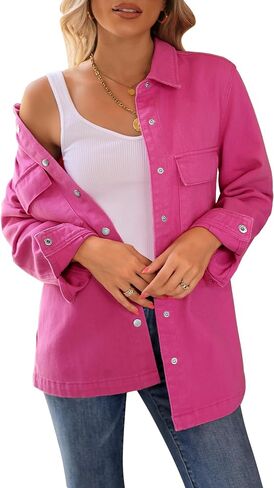 Vetinee Jean Jacket Women Trendy Button Down Denim Shacket Jackets Long Sleeve Casual Fashion Western Jacket with Pocket in Saudi Arabia