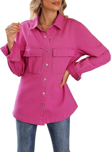 Vetinee Jean Jacket Women Trendy Button Down Denim Shacket Jackets Long Sleeve Casual Fashion Western Jacket with Pocket in Saudi Arabia