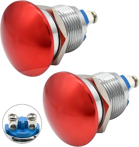 Mushroom Head Push Button Switch 2 Pcs 16mm Waterproof IP65 Metal 1NO SPST Momentary Start Button ON Off 5/8'' Mouting Domed Screw Terminal 3A 12V 24V 110V 120V 250V (Red, 16MM) in Saudi Arabia