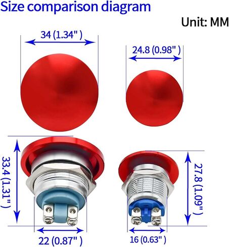 Mushroom Head Push Button Switch 2 Pcs 16mm Waterproof IP65 Metal 1NO SPST Momentary Start Button ON Off 5/8'' Mouting Domed Screw Terminal 3A 12V 24V 110V 120V 250V (Red, 16MM) in Saudi Arabia