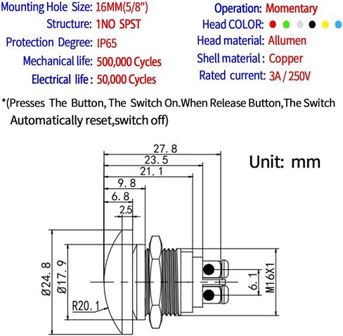 Mushroom Head Push Button Switch 2 Pcs 16mm Waterproof IP65 Metal 1NO SPST Momentary Start Button ON Off 5/8'' Mouting Domed Screw Terminal 3A 12V 24V 110V 120V 250V (Red, 16MM) in Saudi Arabia