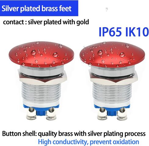 Mushroom Head Push Button Switch 2 Pcs 16mm Waterproof IP65 Metal 1NO SPST Momentary Start Button ON Off 5/8'' Mouting Domed Screw Terminal 3A 12V 24V 110V 120V 250V (Red, 16MM) in Saudi Arabia