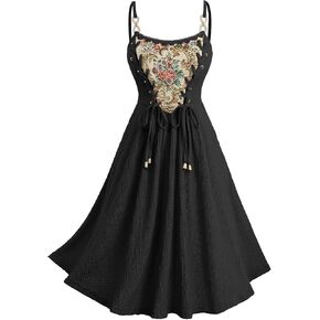 ROSE GAL Women Plus Size Renaissance Floral Lace-up Lace Panel Summer Cami Dress in Kuwait