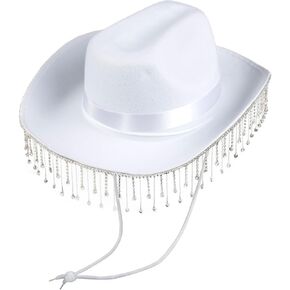 Rhinestone Tassel Cowgirl Hat, Western Womens White Cowboy Hats Elegant Cow Girl Sun Hat Cowboy Accessories for Women in Saudi Arabia