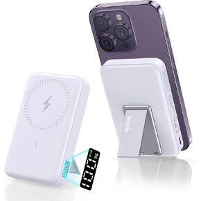 weetla 𝟮𝟬𝟮𝟯 𝗡𝗲𝘄 Magnetic Battery Pack 10000mAh LED Digital Display Foldable Wireless Power Bank with Kickstand USB-C Cable Portable Wireless Charger Power Bank for iPhone 14/13/12 03A (White) in Kuwait