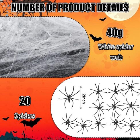 61 PCS Halloween Spider Web Ornament ، Cobweb التمديد ، الدعائم الحزبية المخيفة للمنزل المسكون ، ديكور عطلة داخلي وخارجي ، 100 جرام ويب+60 العنكبوت in Saudi Arabia