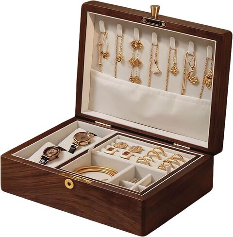Bescott 2 Layer Solid Black Walnut Wooden Jewelry Box with Lock and Key for Women Wood Vintage Organizer for Men Earrings Rings Necklaces Bracelet Watch Storage Mother's Day Gift in Kuwait