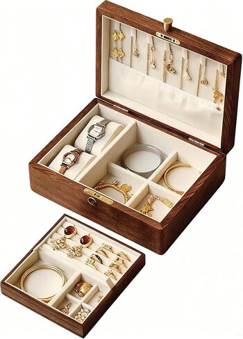 Bescott 2 Layer Solid Black Walnut Wooden Jewelry Box with Lock and Key for Women Wood Vintage Organizer for Men Earrings Rings Necklaces Bracelet Watch Storage Mother's Day Gift in Kuwait