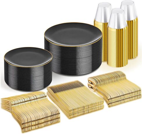 WDF 150PCS Gold Plastic Thanksgiving Plates/Fall Plates/Friendsgiving Plates, Thanksgiving Plastic Plates Include 25 Dinner Plates,25 Salad Plates,25 Forks, 25 Knives, 25 Spoons/Bonus 25 Mini Forks in Saudi Arabia
