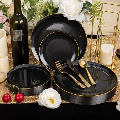 WDF 150PCS Gold Plastic Thanksgiving Plates/Fall Plates/Friendsgiving Plates, Thanksgiving Plastic Plates Include 25 Dinner Plates,25 Salad Plates,25 Forks, 25 Knives, 25 Spoons/Bonus 25 Mini Forks in Saudi Arabia