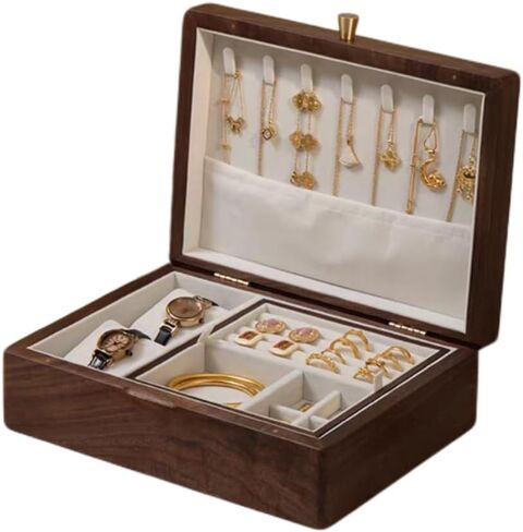 Bescott 2 Layer Solid Black Walnut Wooden Jewelry Box with Lock and Key for Women Wood Vintage Organizer for Men Earrings Rings Necklaces Bracelet Watch Storage Mother's Day Gift in Kuwait