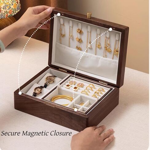 Bescott 2 Layer Solid Black Walnut Wooden Jewelry Box with Lock and Key for Women Wood Vintage Organizer for Men Earrings Rings Necklaces Bracelet Watch Storage Mother's Day Gift in Kuwait
