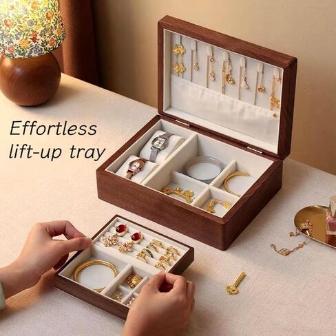 Bescott 2 Layer Solid Black Walnut Wooden Jewelry Box with Lock and Key for Women Wood Vintage Organizer for Men Earrings Rings Necklaces Bracelet Watch Storage Mother's Day Gift in Kuwait