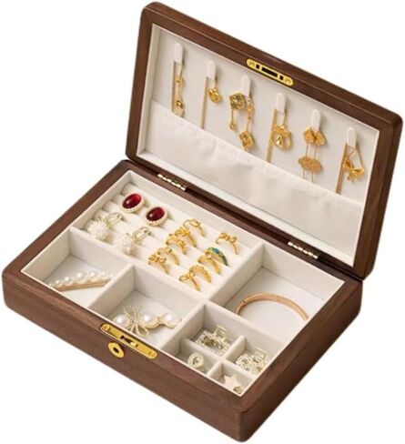 Bescott 2 Layer Solid Black Walnut Wooden Jewelry Box with Lock and Key for Women Wood Vintage Organizer for Men Earrings Rings Necklaces Bracelet Watch Storage Mother's Day Gift in Kuwait
