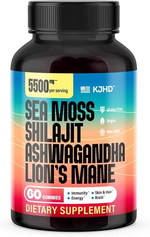 KJHD Shilajit Ashwagandha Gummies with Sea Moss ، Beet Root ، Lion’s Mane Mushroom & Black Seed Oil - ملحق Superfood الأعشاب العضوية - 60 Gultgan Gummies in Kuwait