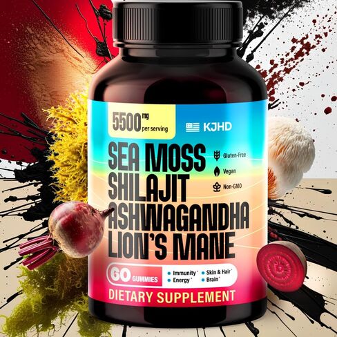 KJHD Shilajit Ashwagandha Gummies with Sea Moss ، Beet Root ، Lion’s Mane Mushroom & Black Seed Oil - ملحق Superfood الأعشاب العضوية - 60 Gultgan Gummies in Kuwait