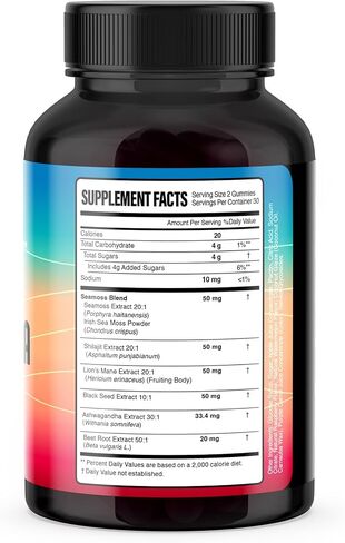 KJHD Shilajit Ashwagandha Gummies with Sea Moss ، Beet Root ، Lion’s Mane Mushroom & Black Seed Oil - ملحق Superfood الأعشاب العضوية - 60 Gultgan Gummies in Kuwait