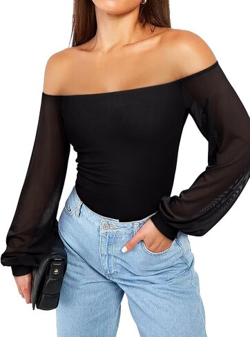 Reoria Womens من الكتف الشبكي الشباك نفخة طويلة الأكمام الطويلة Thong Bodysuit in Saudi Arabia