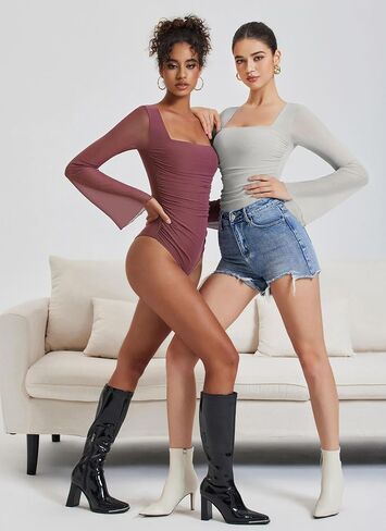 Avidlove bodysitits للنساء الطويل جرس الأكمام الشبكية مربعة البند in Saudi Arabia