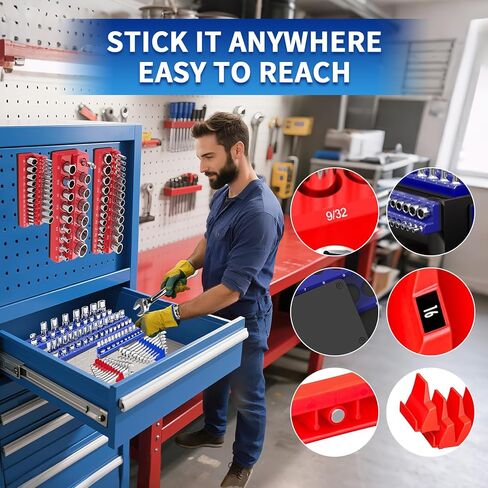 Magnetic Socket Organizer Set 8Pcs - Wrench and Socket Holder for 1/4", 3/8", 1/2" Drive Tool Box Storage with Strong Magnet, Tool Box Accessories (Sockets/Wrenches Not Included) in Saudi Arabia