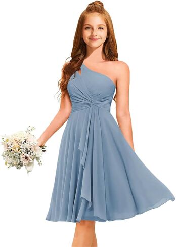 Short Junior Bridesmaid Dresses for Teen Girls Formal Dress Chiffon One Shoulder Pleated Flower Girl Dress A-Line Knee Length in Saudi Arabia