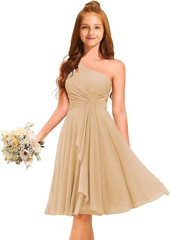 Short Junior Bridesmaid Dresses for Teen Girls Formal Dress Chiffon One Shoulder Pleated Flower Girl Dress A-Line Knee Length in Saudi Arabia