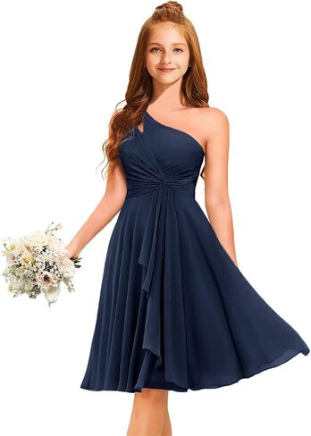 Short Junior Bridesmaid Dresses for Teen Girls Formal Dress Chiffon One Shoulder Pleated Flower Girl Dress A-Line Knee Length in Saudi Arabia